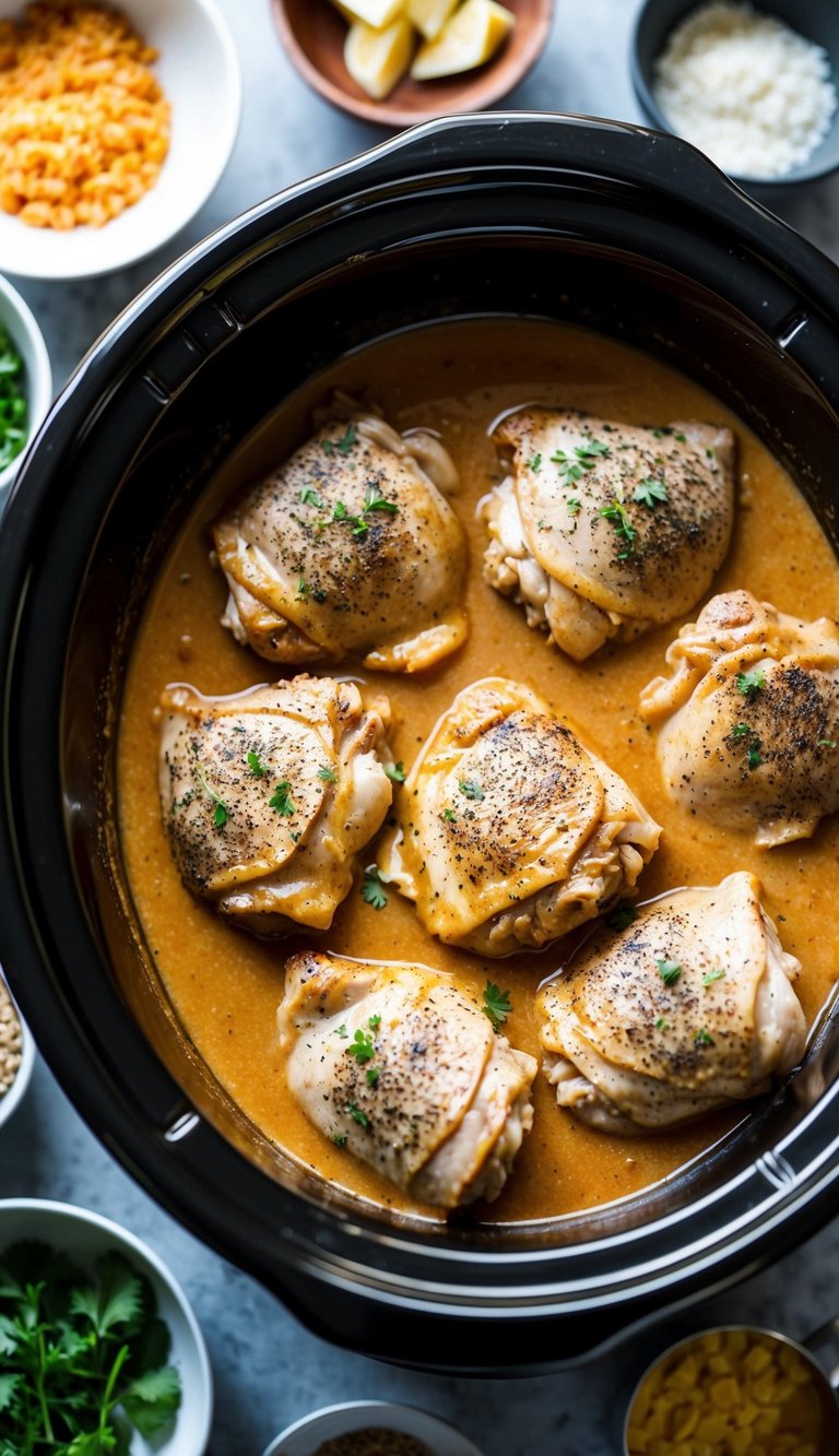 Juicy chicken thighs surrounded by a rich, creamy sauce in a slow cooker, with various ingredients nearby for substitutions and variations