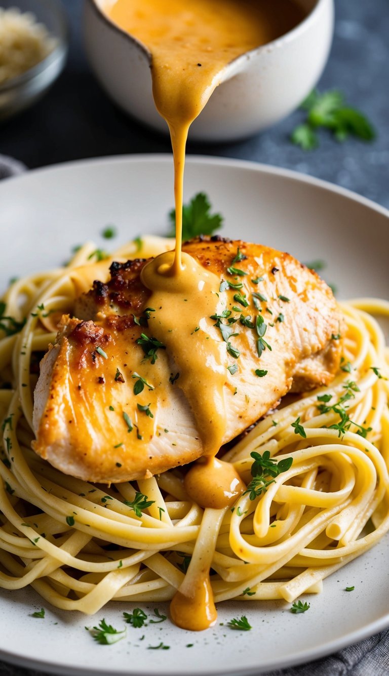 A golden-brown chicken breast sits atop a bed of al dente pasta, garnished with fresh herbs and drizzled with a rich, creamy sauce