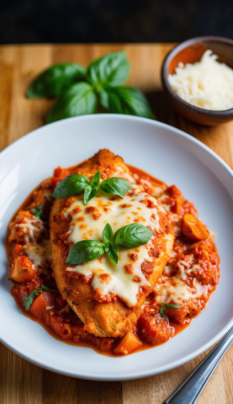 Golden-brown chicken parmesan on a white plate with vibrant tomato sauce and melted cheese, garnished with fresh basil leaves