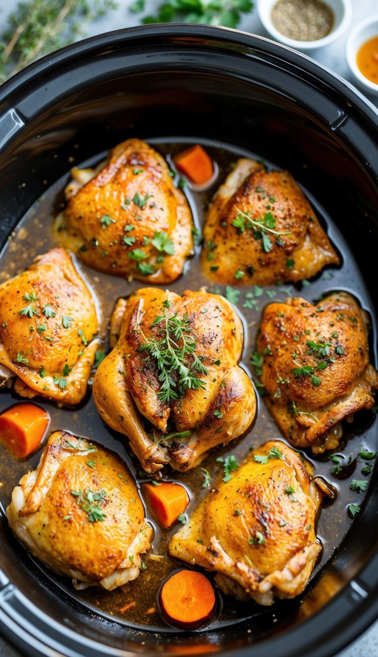 A succulent chicken dish simmering in a slow cooker, surrounded by aromatic herbs and spices