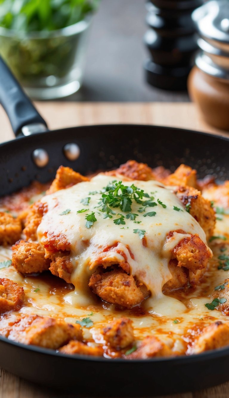 A sizzling chicken parmesan dish with a bubbling layer of melted cheese and a sprinkle of fresh herbs on top