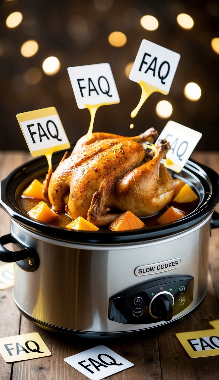 A slow cooker filled with tender, juicy chicken surrounded by melting, sizzling FAQ cards