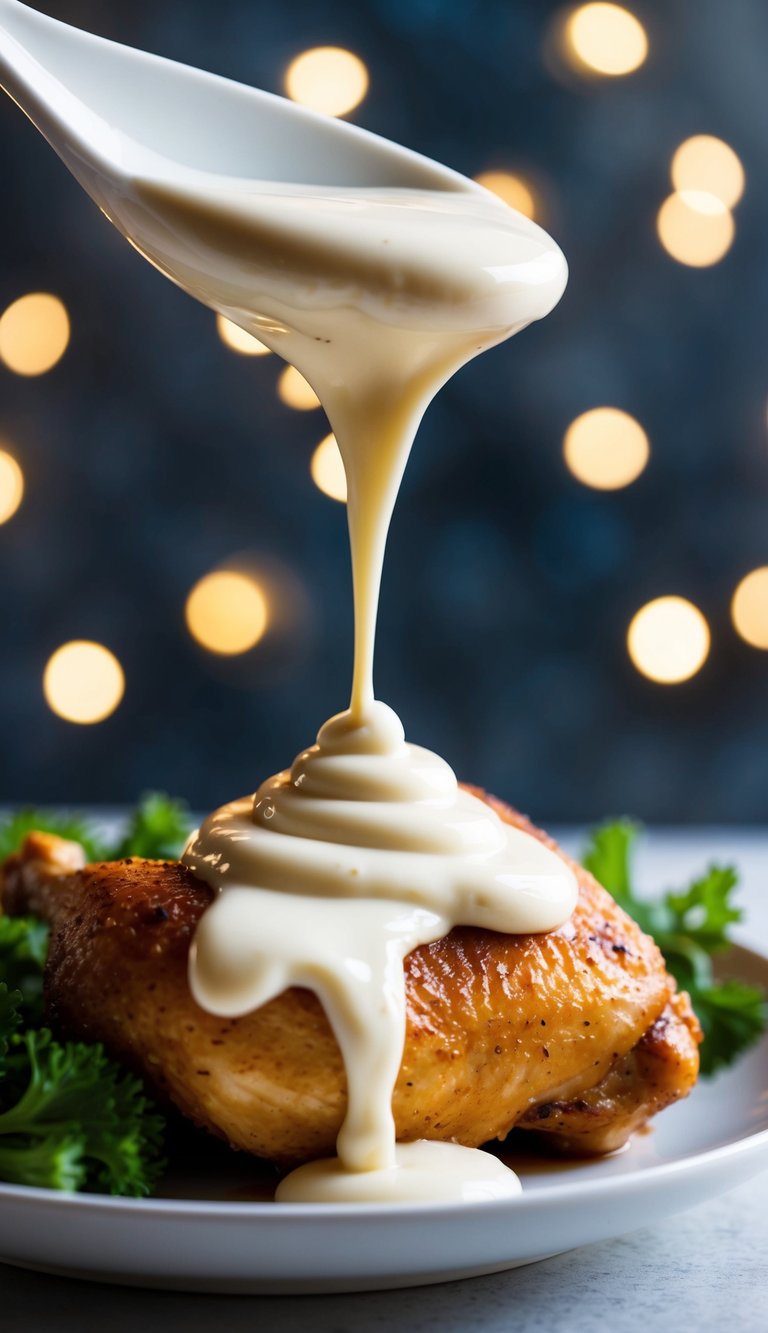 A dollop of creamy mayonnaise drizzles over tender, juicy chicken, creating a mouthwatering, melt-in-your-mouth sensation