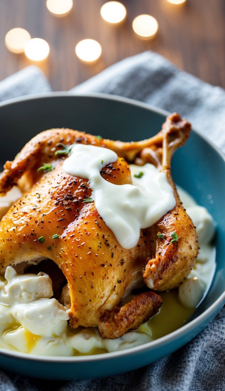 Juicy chicken coated in creamy Greek yogurt, glistening with moisture