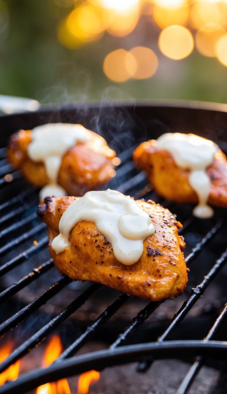 Juicy chicken coated in mayonnaise, sizzling on a hot grill