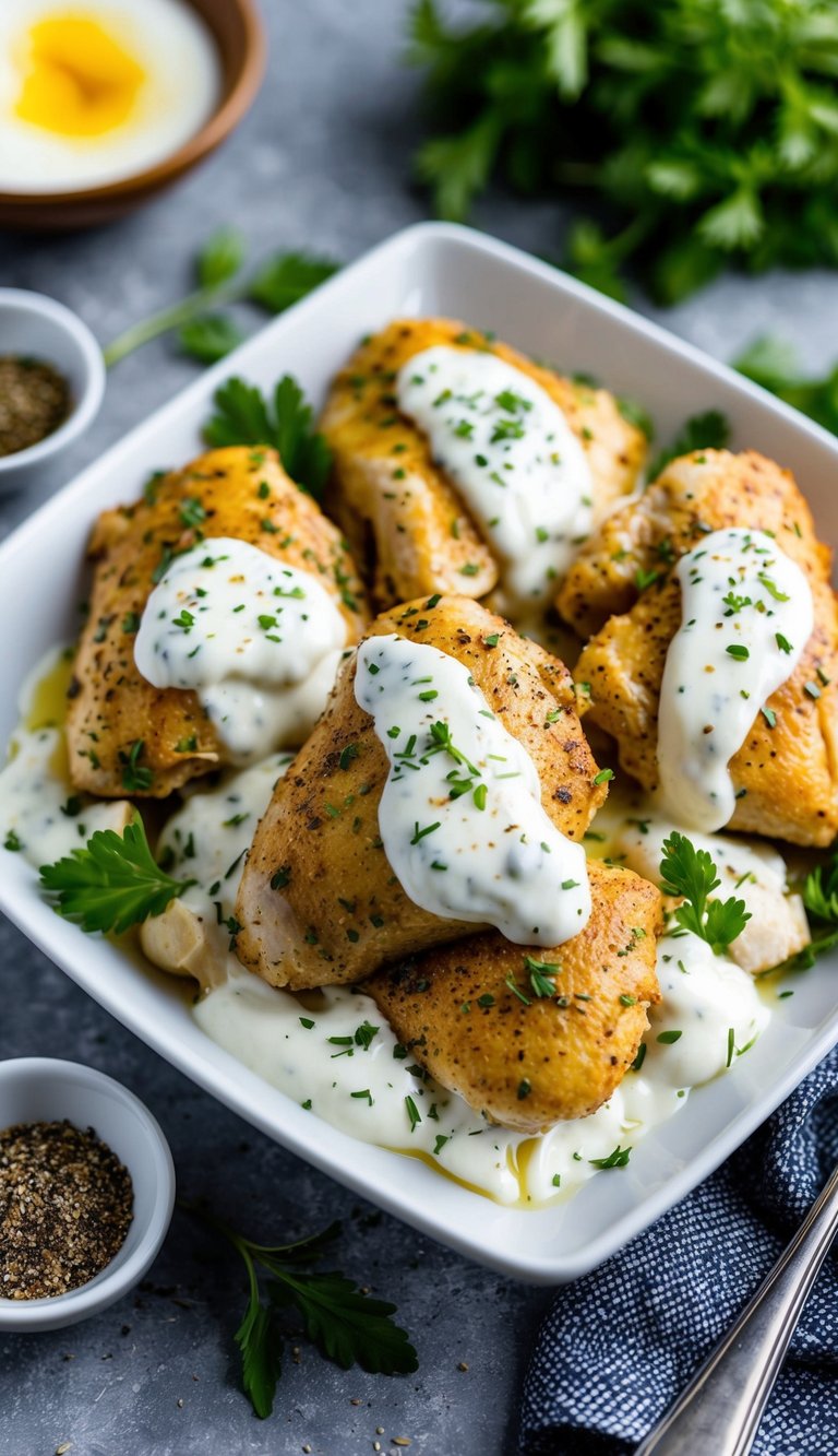 Tender chicken pieces coated in creamy Greek yogurt sauce, surrounded by fresh herbs and spices