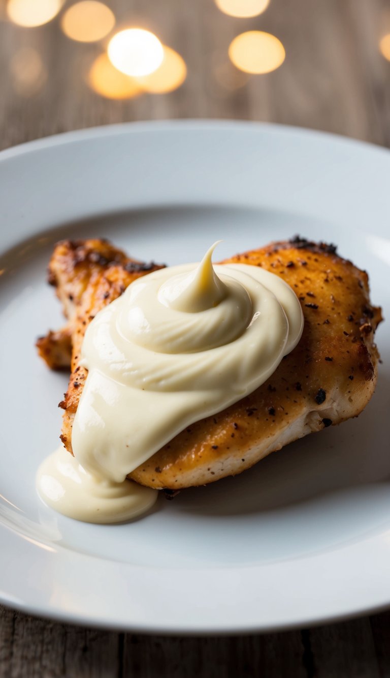A dollop of creamy mayonnaise melting over a succulent piece of chicken on a pristine white plate