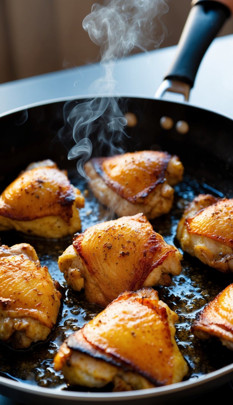 Golden-brown chicken thighs sizzling in a hot skillet, releasing a mouthwatering aroma