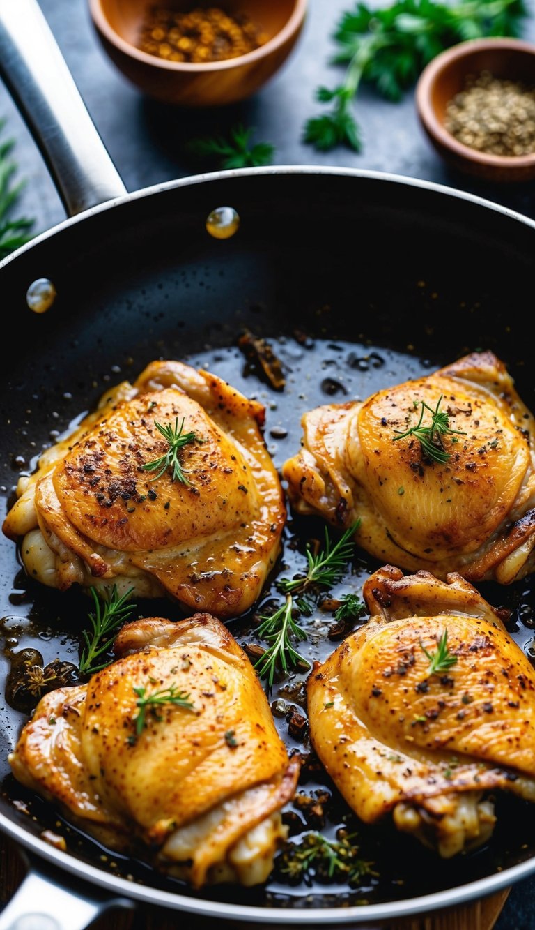 Juicy chicken thighs sizzling in a hot pan, surrounded by aromatic herbs and spices