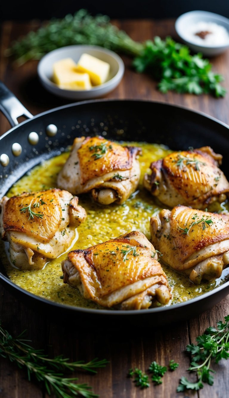 Juicy chicken thighs sizzling in a hot skillet, surrounded by bubbling butter and aromatic herbs