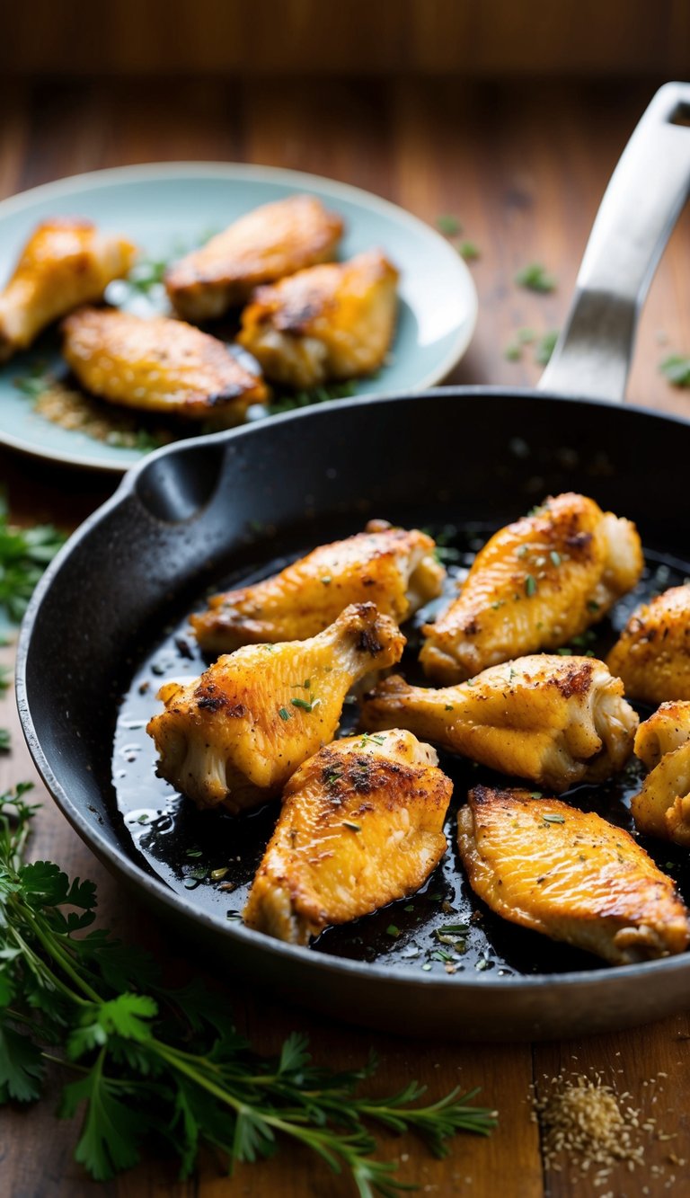 Golden-brown chicken wings on a sizzling skillet, surrounded by herbs and spices