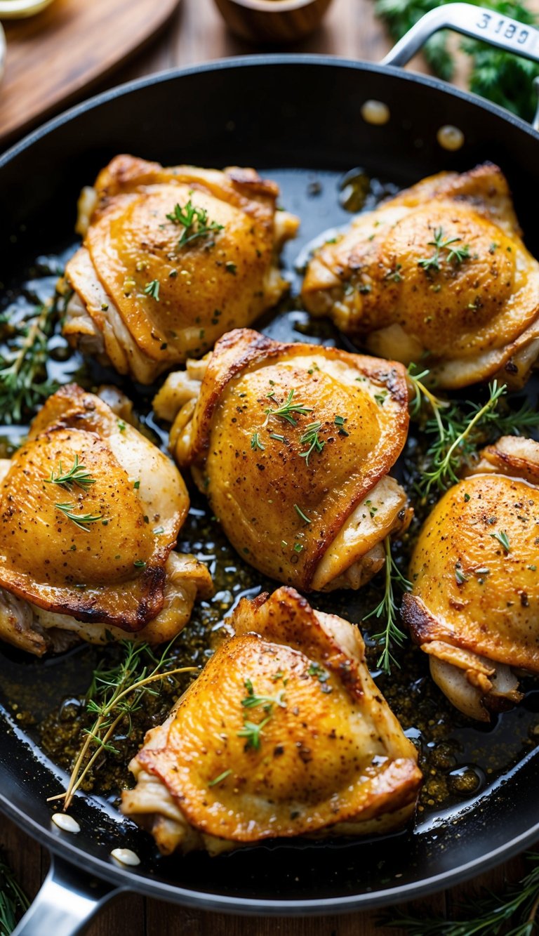 Golden-brown chicken thighs sizzling in a hot skillet, surrounded by aromatic herbs and spices
