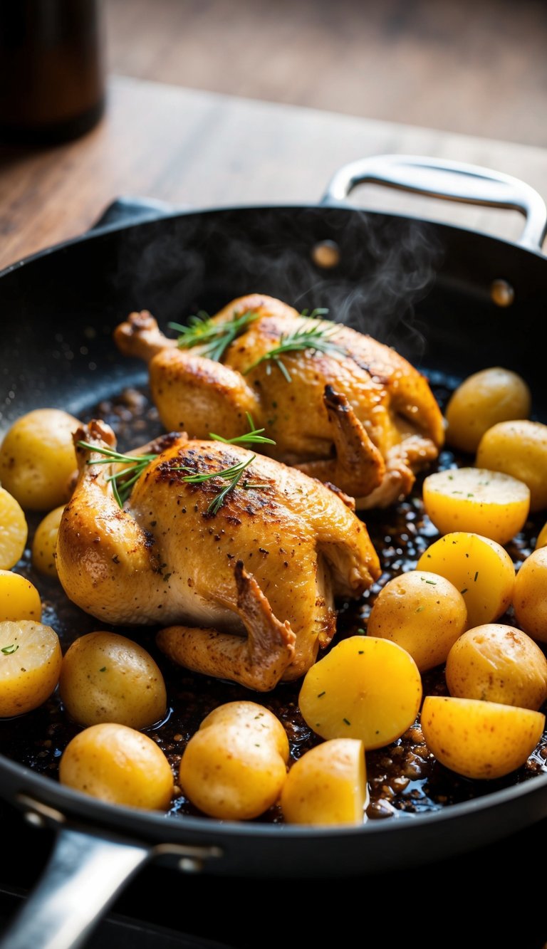 Tender chicken and golden potatoes sizzling in a pan