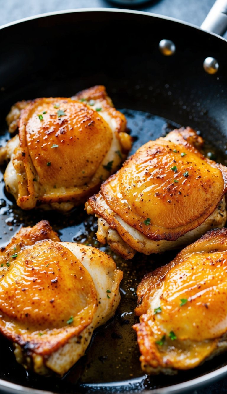 Juicy chicken thighs sizzling in a hot pan, golden and crispy on the outside, and tender and flavorful on the inside