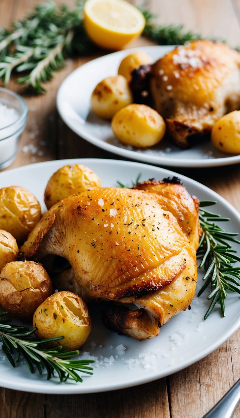 A golden-brown chicken thigh and crispy roasted potatoes sit on a white plate, surrounded by sprigs of fresh rosemary and a sprinkle of sea salt