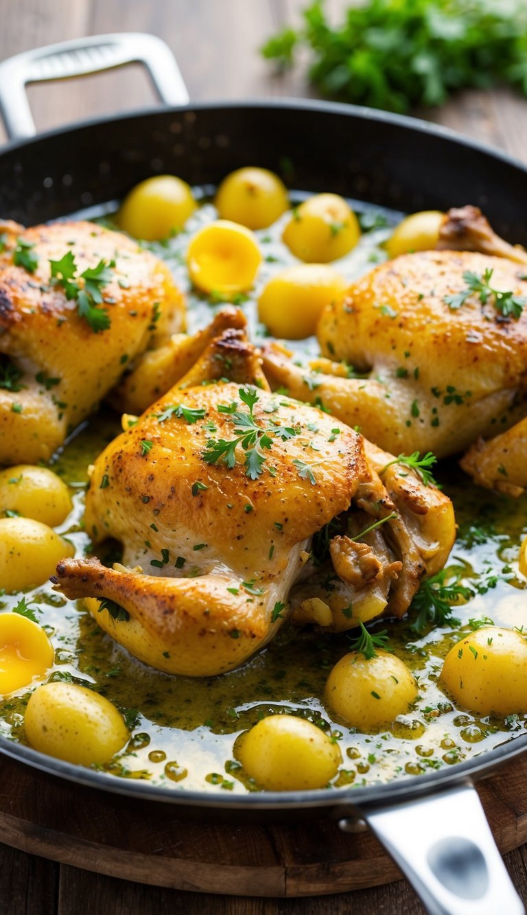 A sizzling skillet with juicy chicken and golden potatoes cooking in a pool of bubbling butter and aromatic herbs