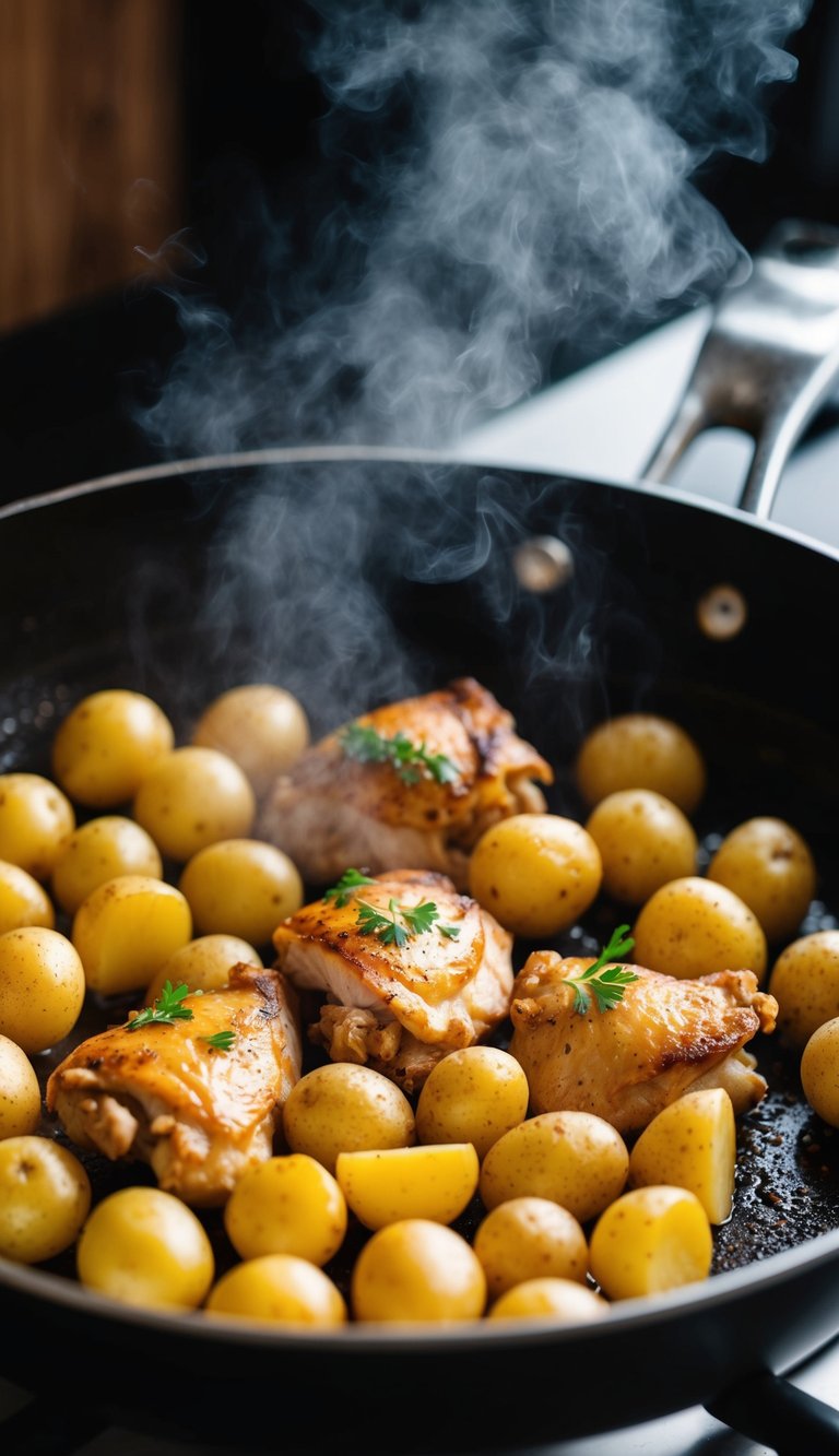 Juicy chicken and golden potatoes sizzling in a hot pan, emitting mouthwatering aromas
