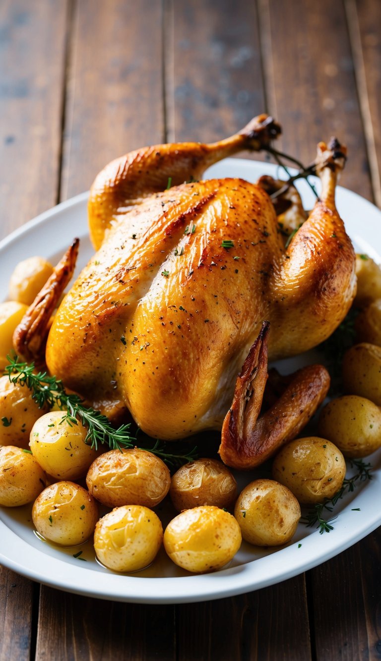 A golden-brown roasted chicken surrounded by perfectly seasoned and crispy potatoes on a white serving platter