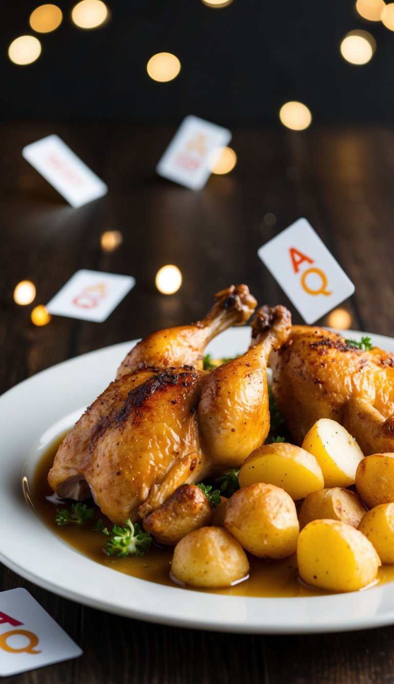 A platter of succulent chicken and crispy potatoes, surrounded by a scattering of melting FAQ cards
