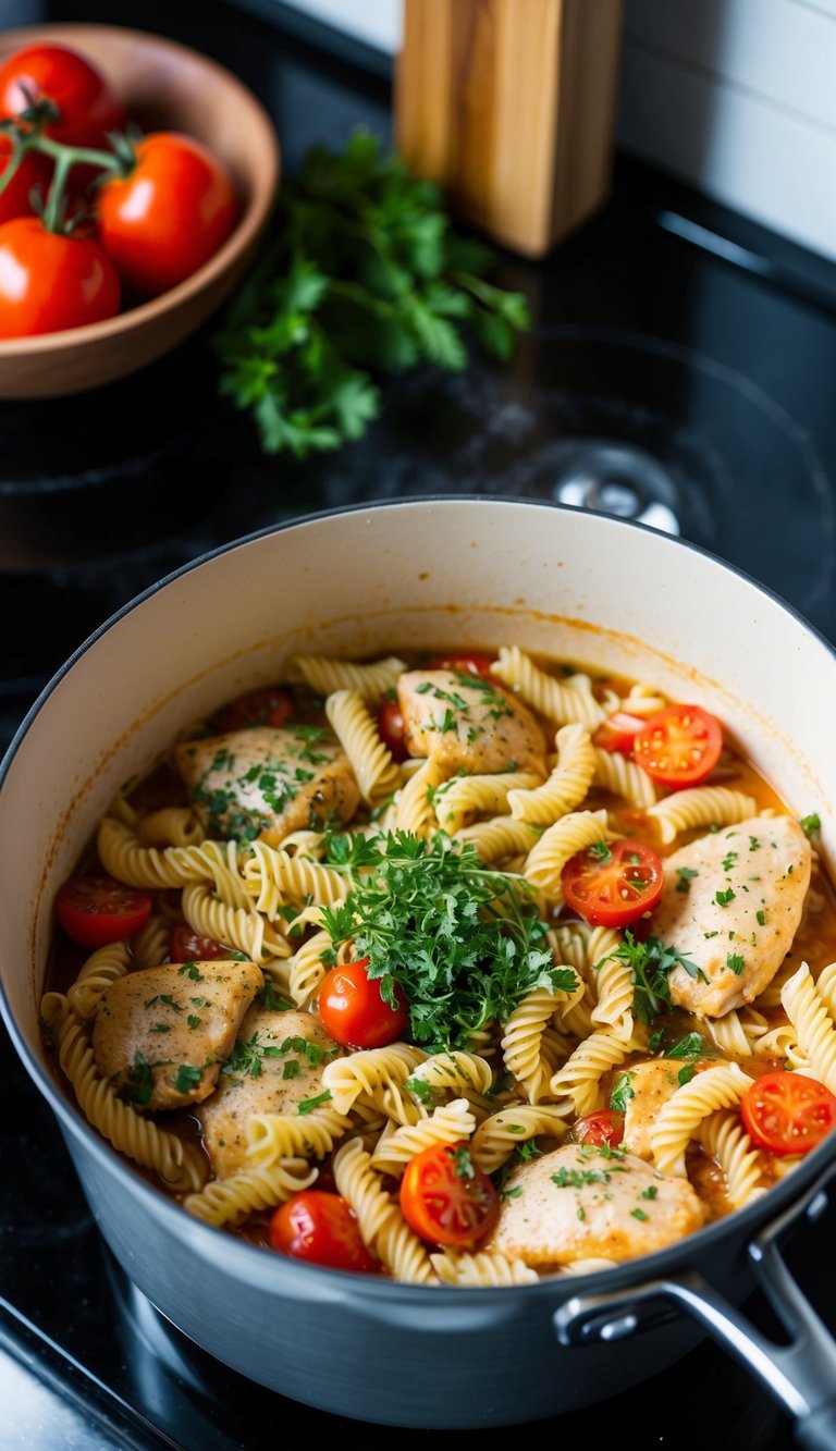 A pot with chicken, pasta, tomatoes, and herbs simmering on a stovetop