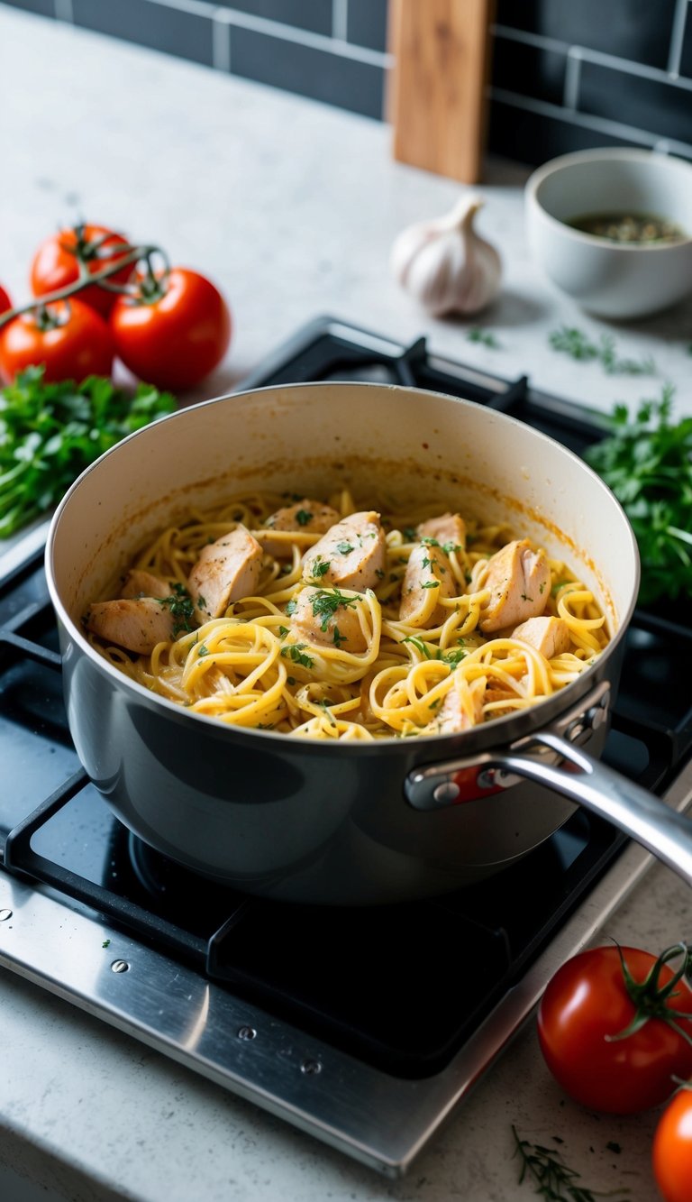 A pot of chicken pasta simmers on a stovetop, surrounded by ingredients like tomatoes, garlic, and herbs