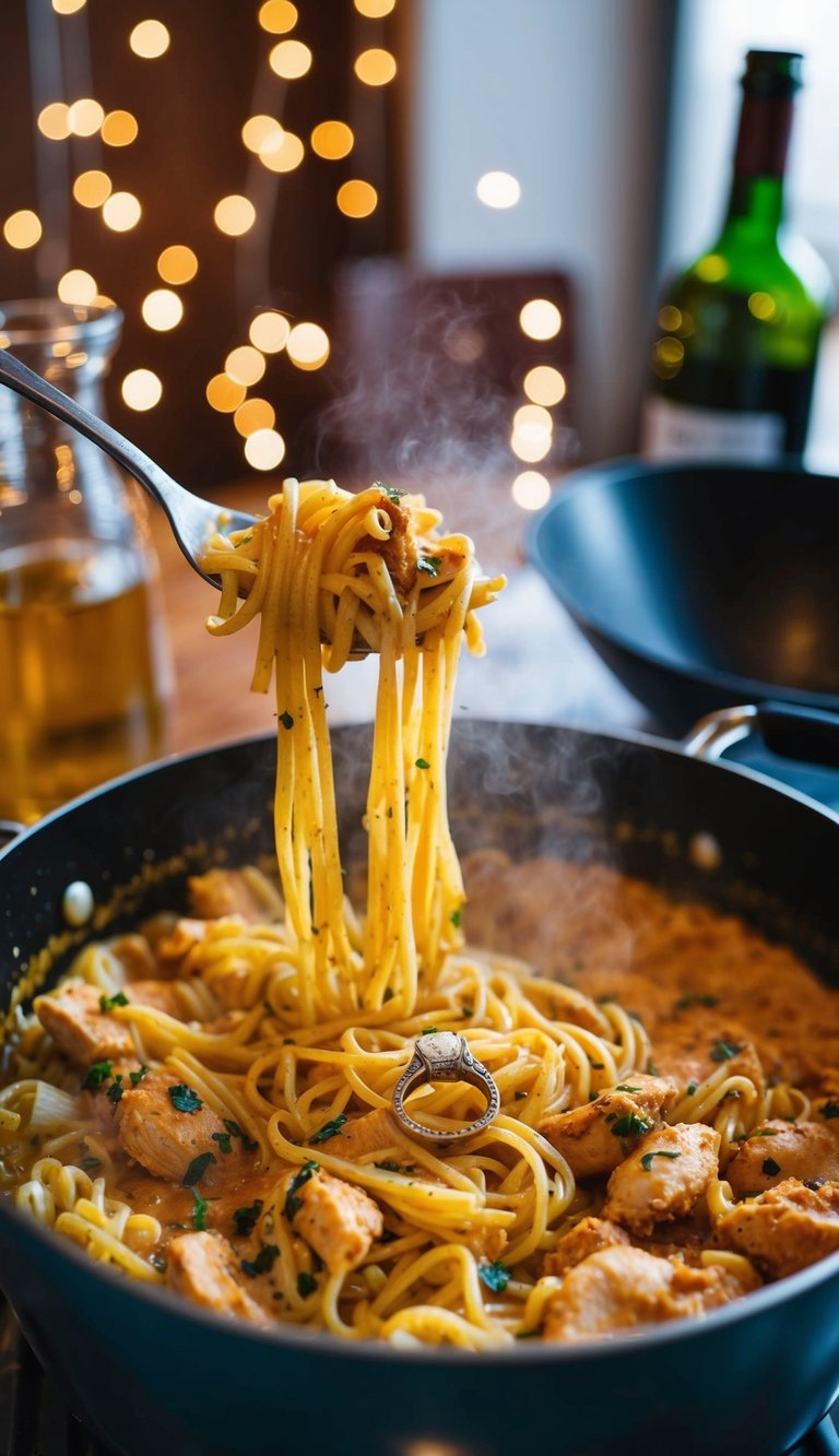 A bubbling pot of chicken pasta with a ring hidden in the dish