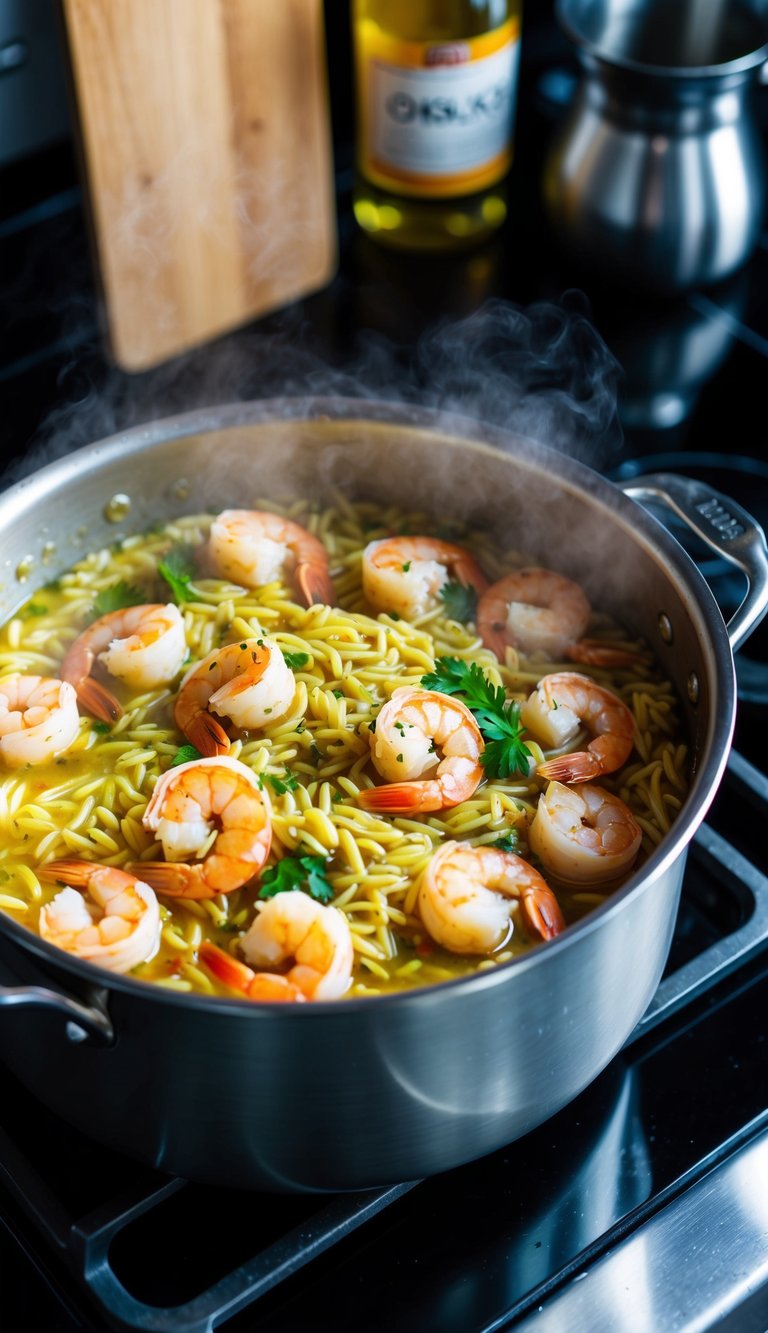A steaming pot filled with shrimp, orzo pasta, and aromatic ingredients simmering on a stovetop