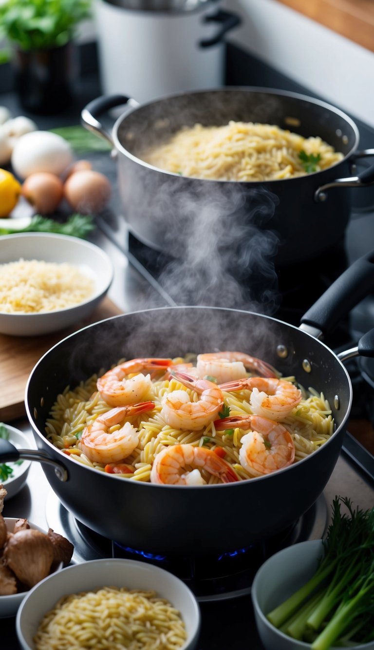 A steaming pot of shrimp and orzo pasta surrounded by various ingredients and cooking utensils on a kitchen counter