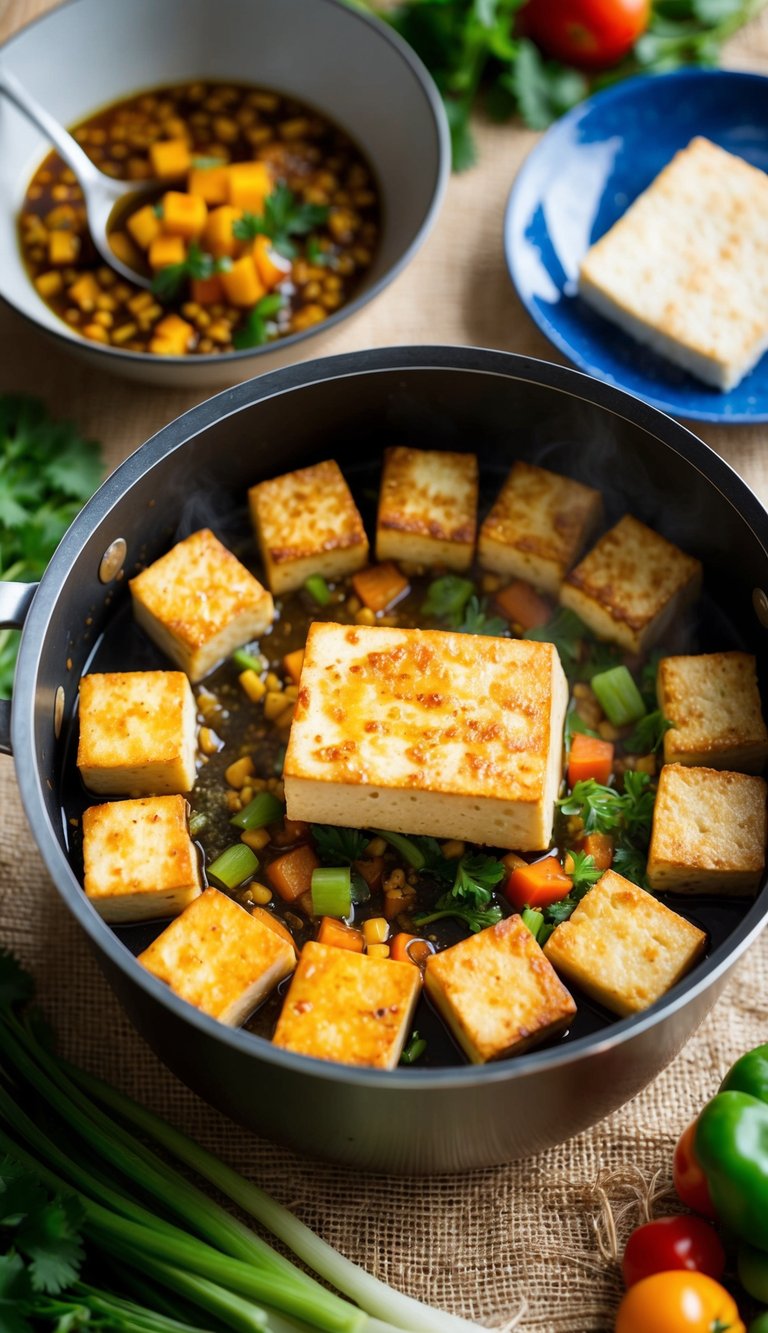 A pot filled with sizzling tofu, surrounded by colorful vegetables and seasonings
