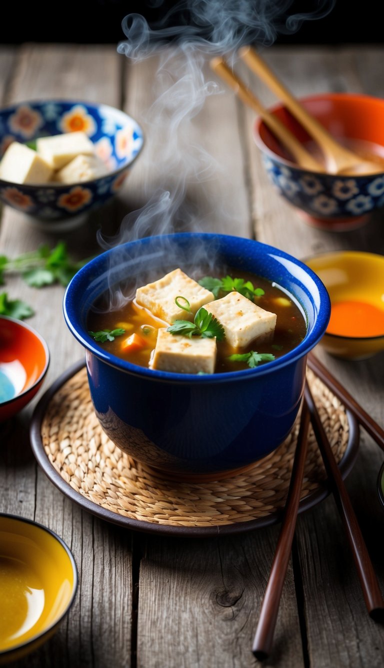 A steaming pot of tofu stew sits on a rustic wooden table, surrounded by colorful ceramic bowls and chopsticks