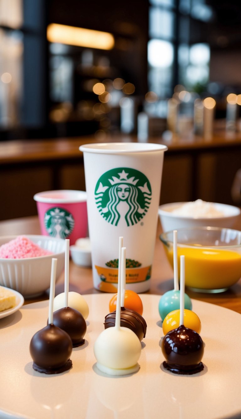 A table with assorted cake pops, ingredients, and a Starbucks logo