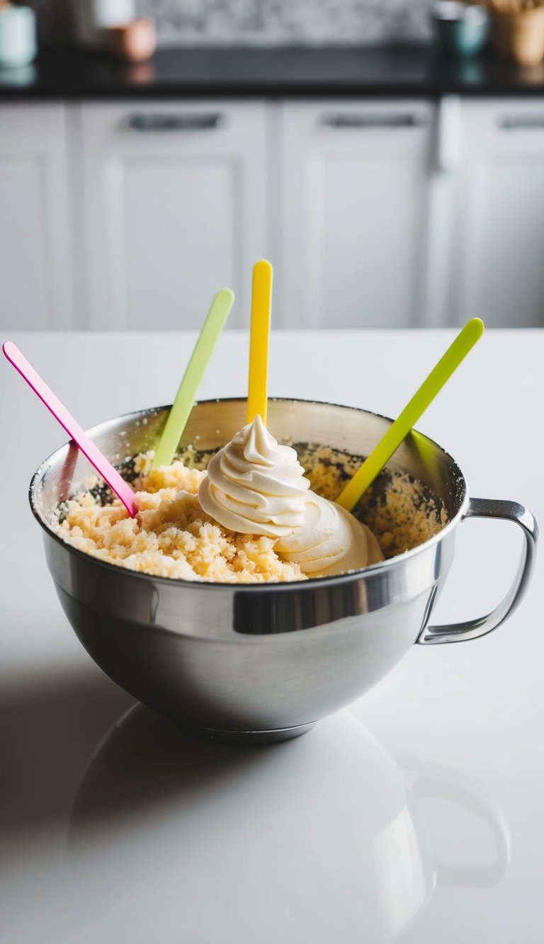 A mixing bowl filled with cake crumbs, frosting, and lollipop sticks on a clean kitchen counter