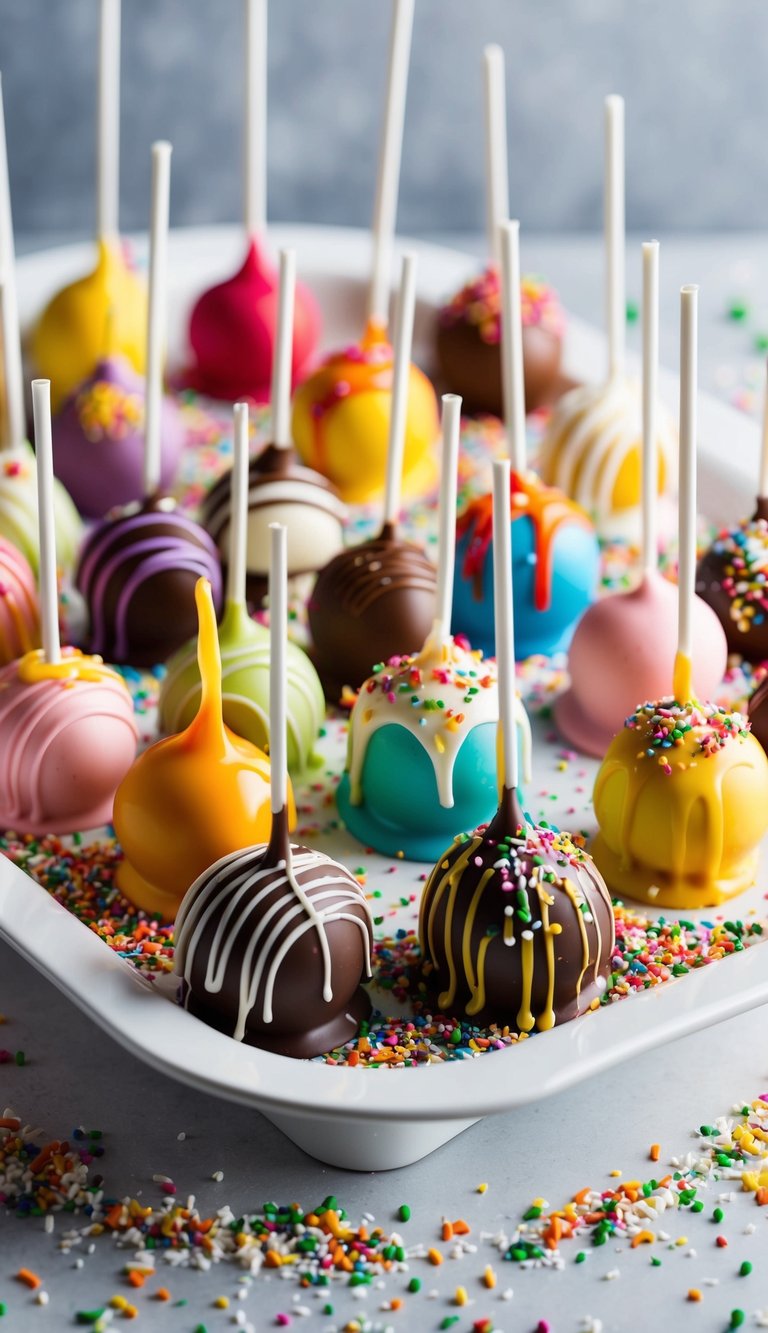 A colorful array of cake pops arranged on a white serving tray, with various toppings and drizzles, surrounded by scattered sprinkles and crumbs