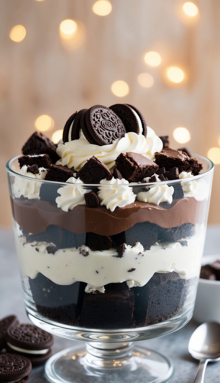 Layers of crumbled Oreos, rich chocolate brownie pieces, and creamy chocolate pudding fill a clear glass trifle dish. Whipped cream and more Oreos top the decadent dessert