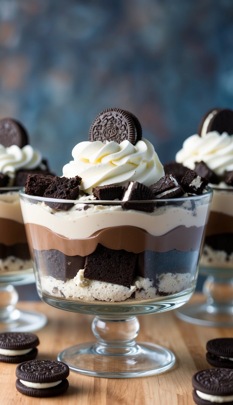 Layers of crumbled Oreos, fudgy brownie chunks, and creamy chocolate pudding in a glass trifle dish, topped with whipped cream and more Oreos