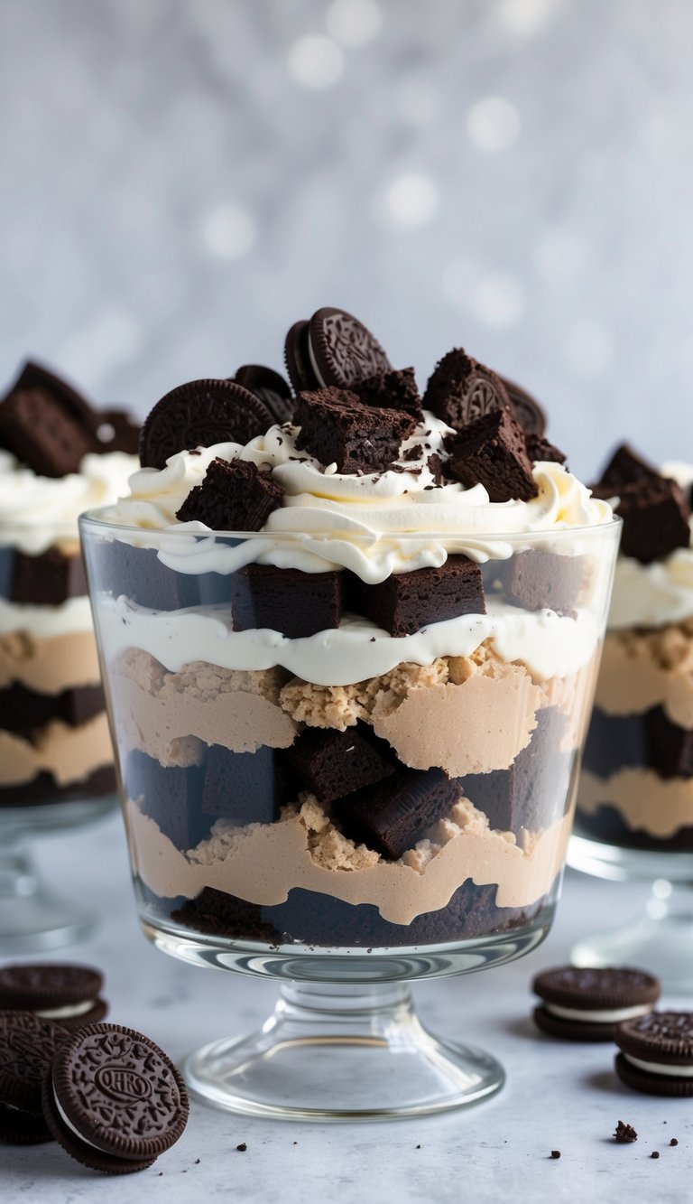 Layers of crumbled Oreos, rich chocolate brownie chunks, and creamy whipped topping in a clear trifle dish, with a few Oreos scattered around