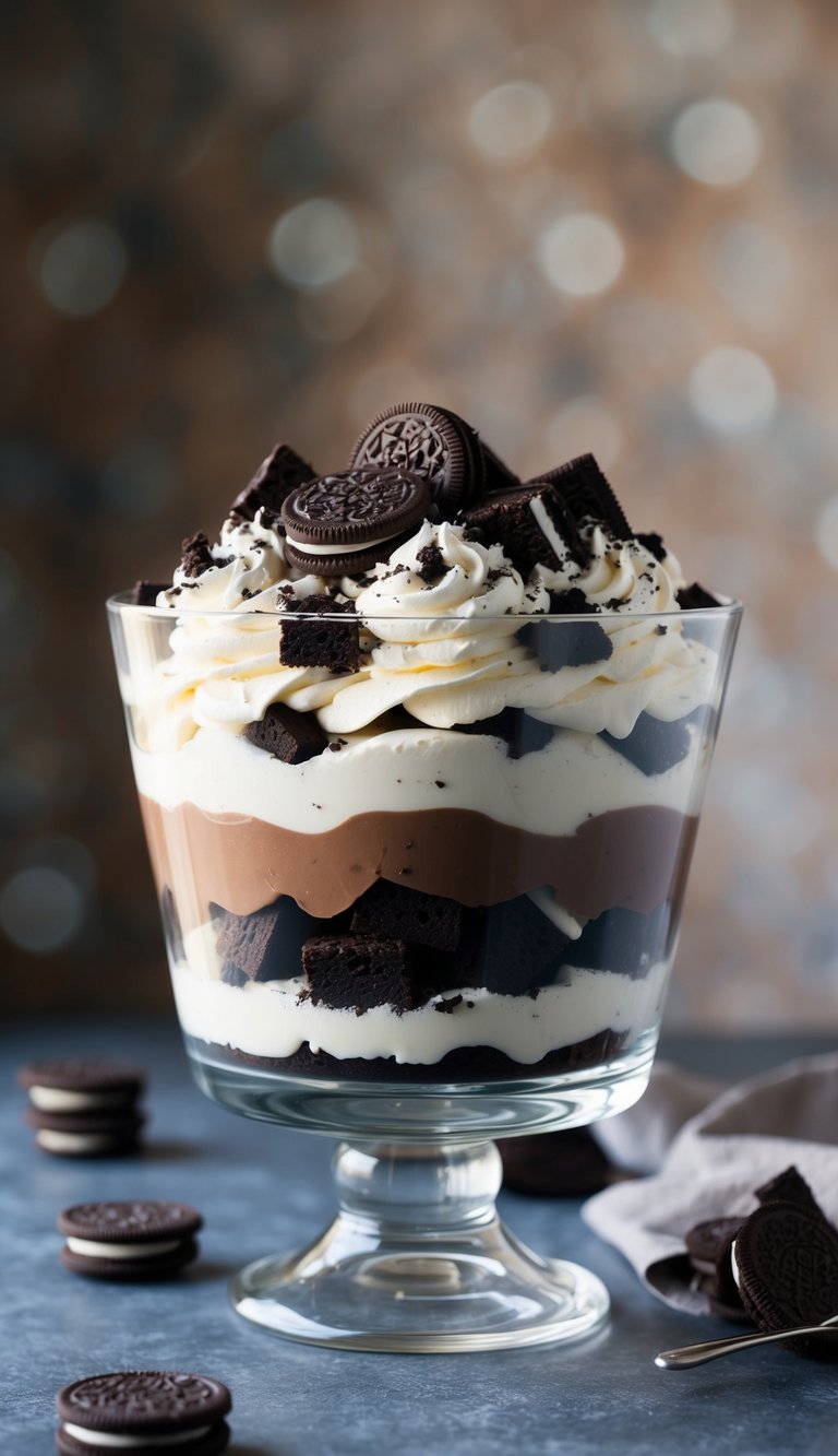 A glass trifle dish filled in layers with chocolate oreo brownie chunks, whipped cream, and chocolate sauce, garnished with crushed oreo cookies