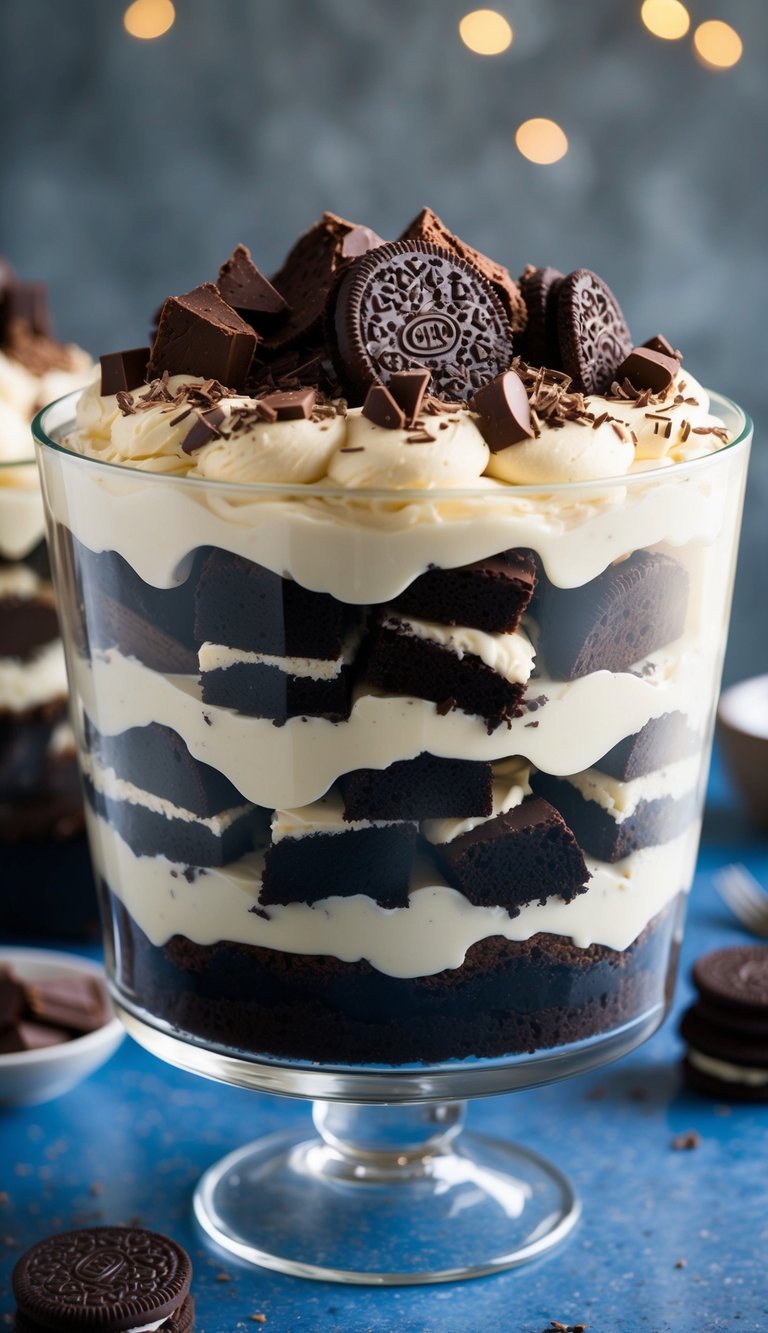 A decadent trifle layered with chocolate, Oreo, and brownie pieces, topped with creamy filling and garnished with chocolate shavings
