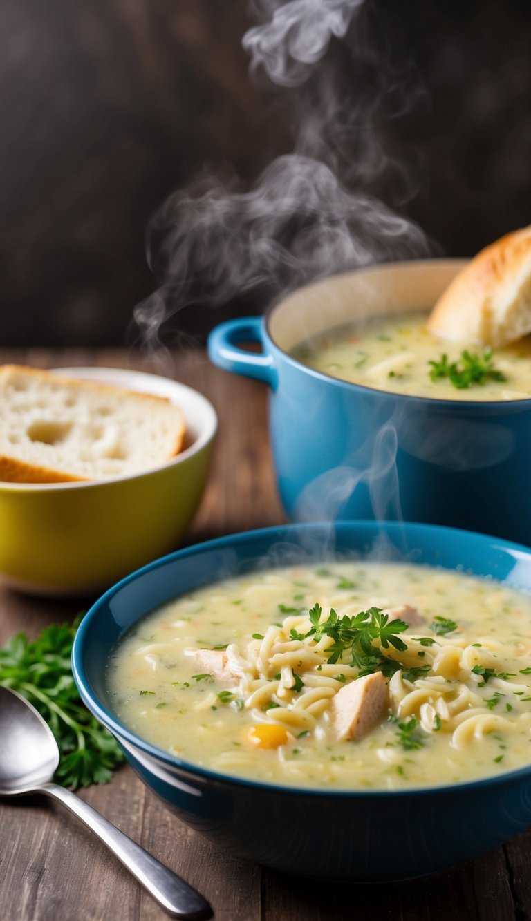 A steaming pot of creamy lemon chicken orzo soup, garnished with fresh herbs and served with a side of warm bread