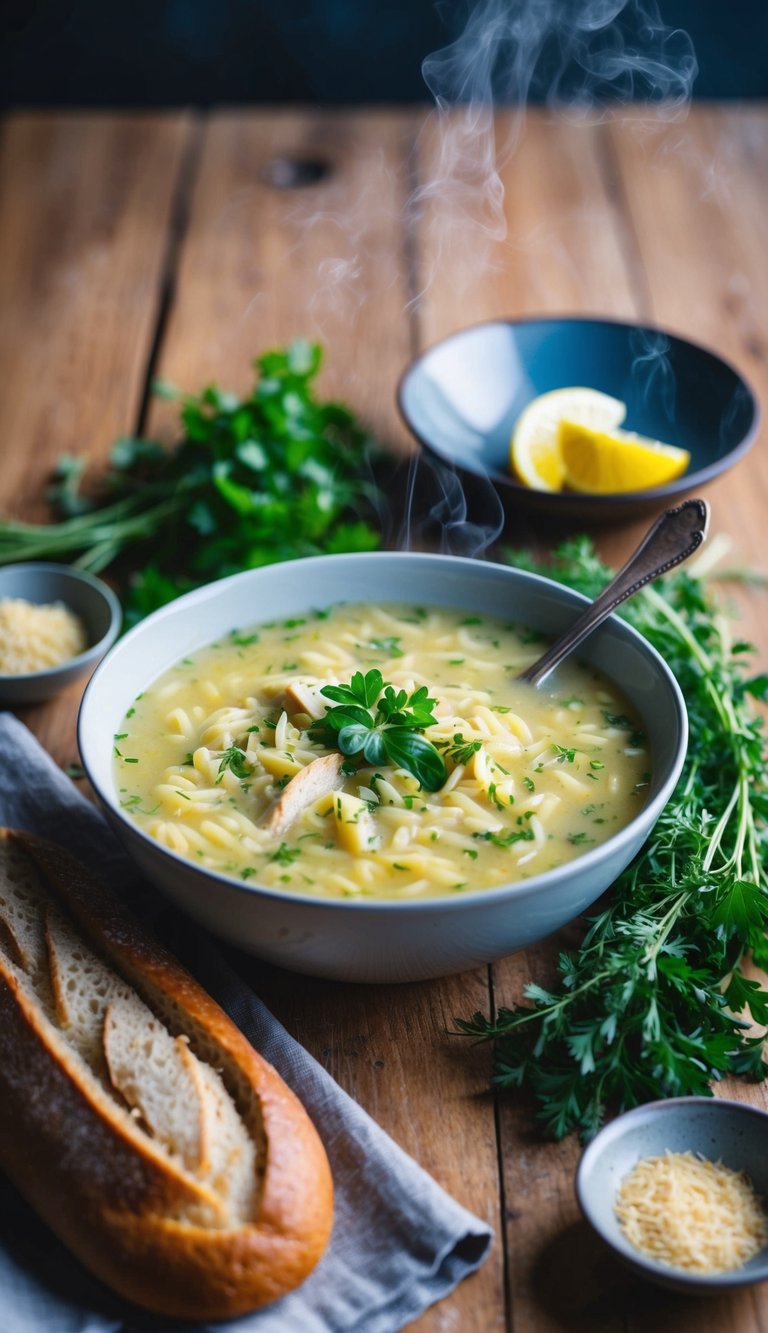 A steaming bowl of creamy lemon chicken orzo soup surrounded by fresh herbs and a rustic loaf of bread on a wooden table