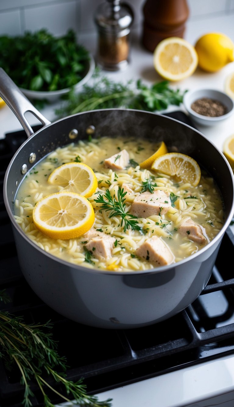 A pot simmering on a stovetop, filled with creamy orzo soup, chunks of chicken, and vibrant lemon slices, surrounded by fresh herbs and spices