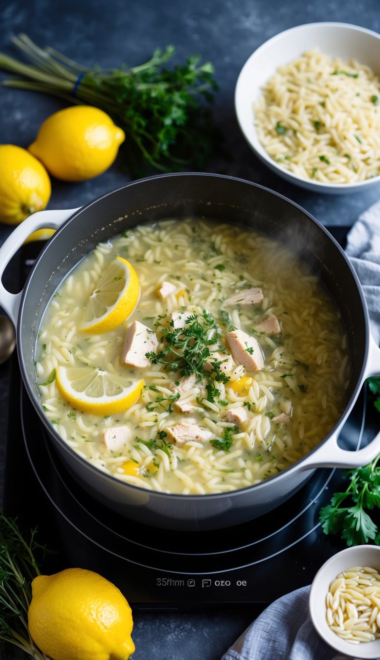 A pot of creamy Greek lemon chicken orzo soup bubbling on a stovetop, surrounded by fresh herbs, lemons, and a bowl of orzo