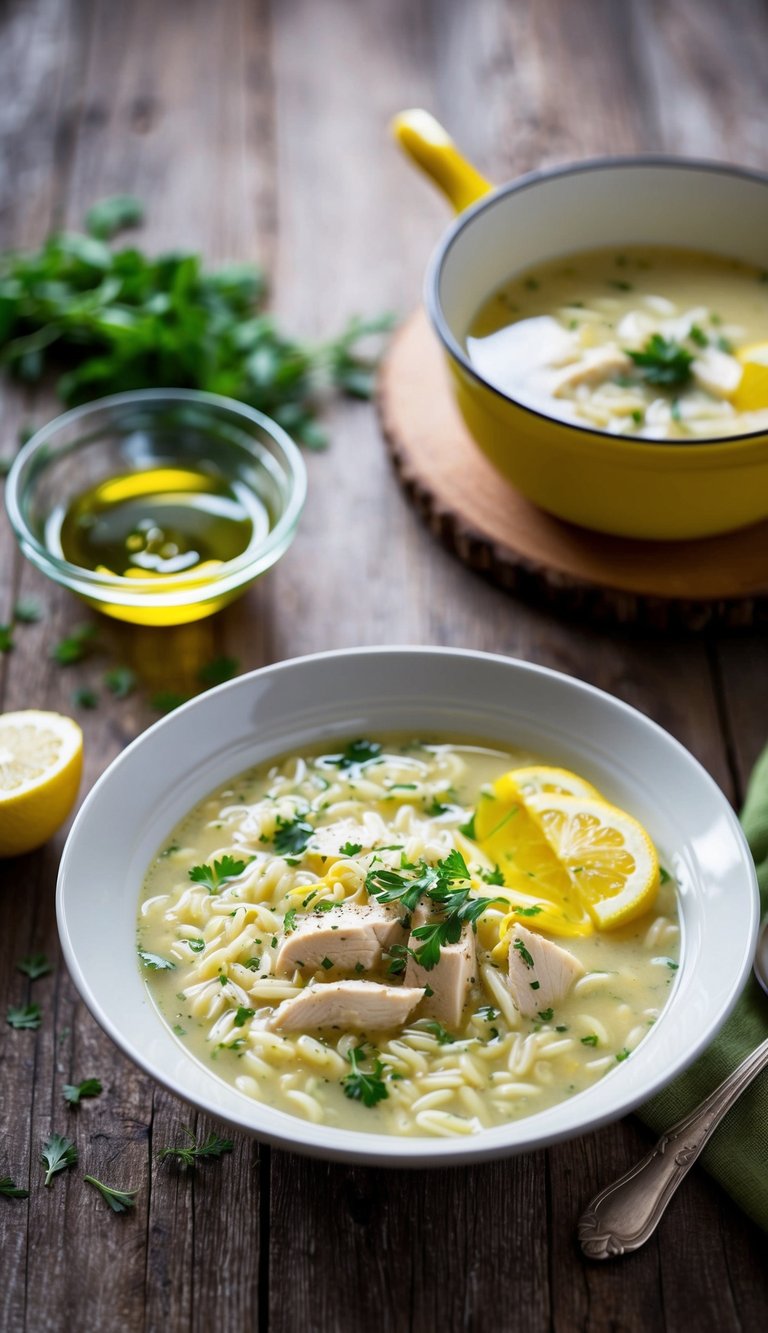 A steaming bowl of creamy Greek lemon chicken orzo soup on a rustic wooden table, garnished with a sprinkle of fresh herbs and a drizzle of olive oil