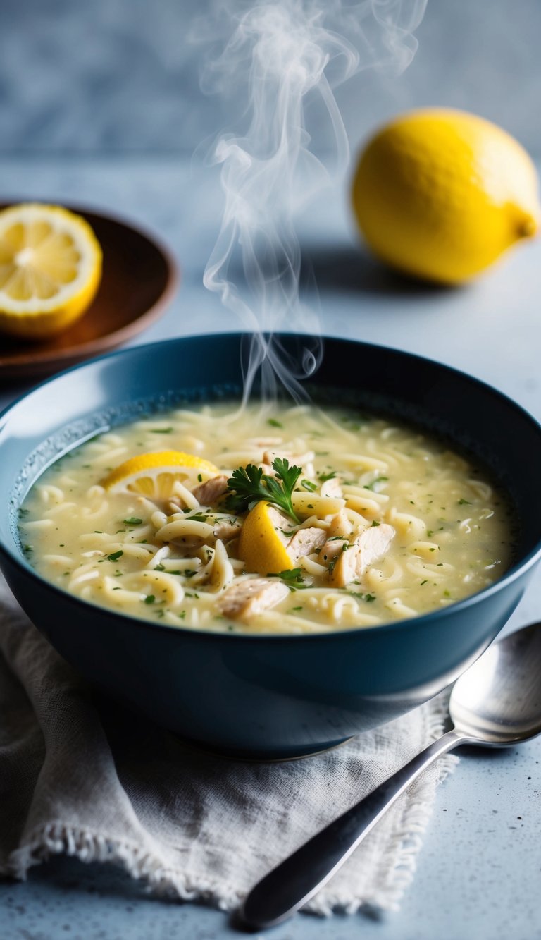A steaming bowl of creamy lemon chicken orzo soup with garnish