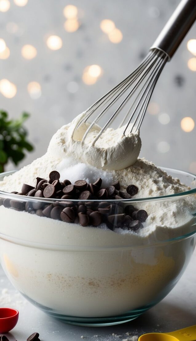 A mixing bowl overflowing with flour, sugar, and chocolate chips. A whisk and measuring cups scattered on the counter
