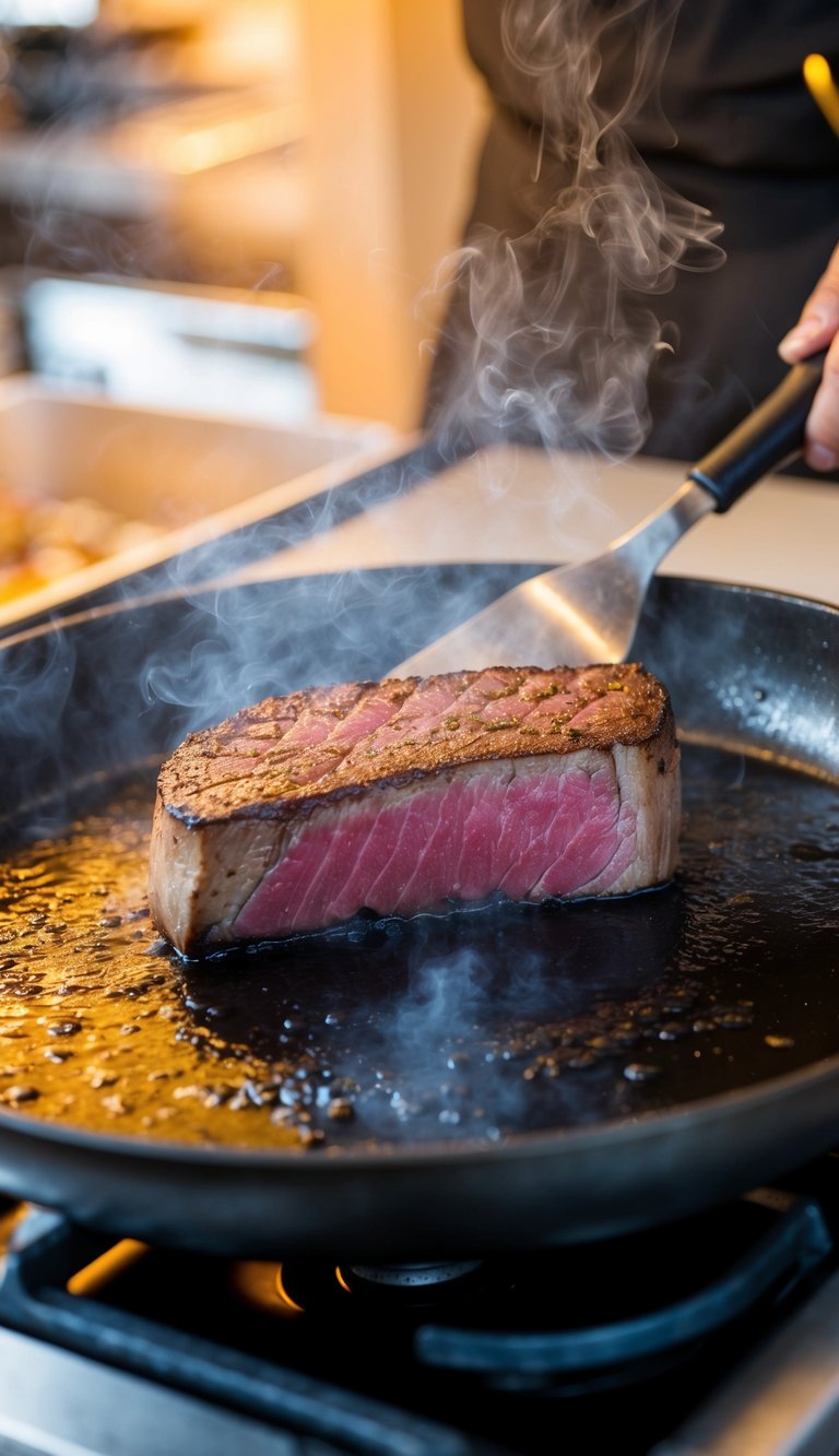 A chef searing a thick ahi tuna steak in a hot, smoking skillet, flipping it with a spatula as it sizzles and blackens