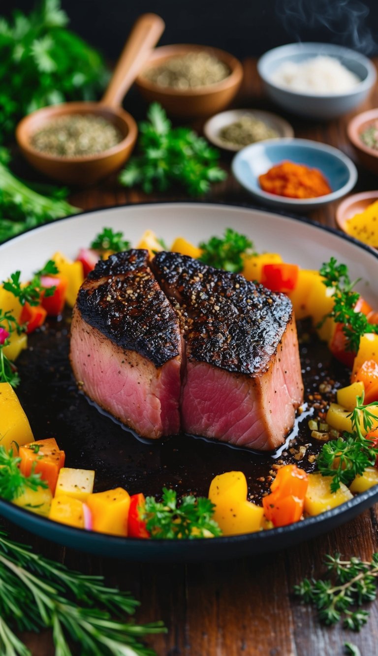 A sizzling ahi tuna steak with a blackened crust, surrounded by a colorful array of fresh herbs and spices