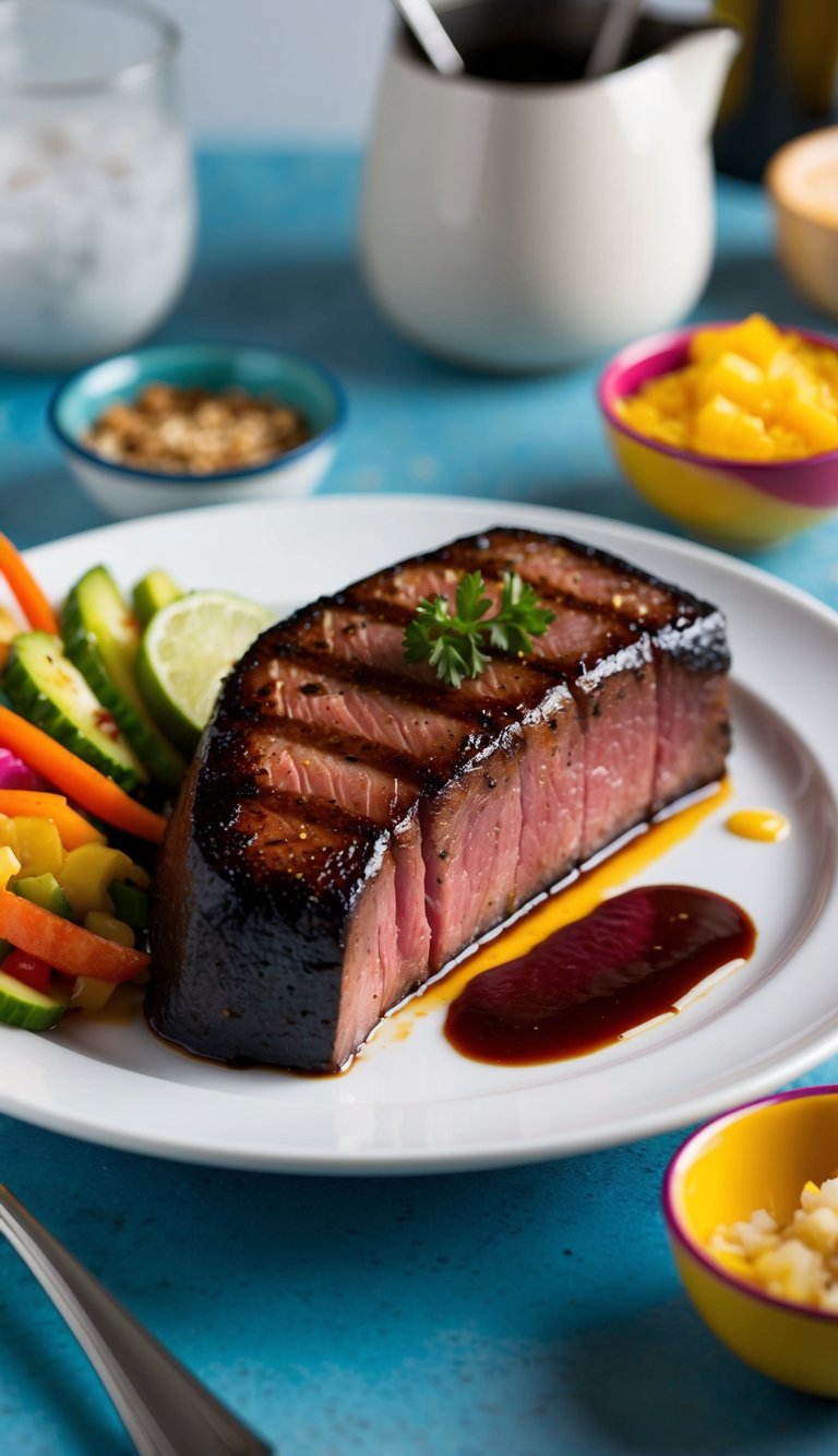 A beautifully seared blackened ahi tuna steak on a white plate with vibrant, colorful sides and a drizzle of sauce