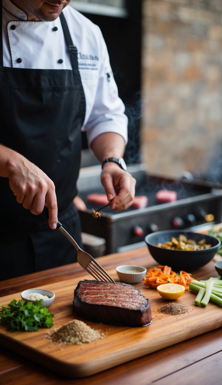 A chef grilling a blackened ahi tuna steak with a variety of ingredients and seasonings laid out on a wooden cutting board nearby