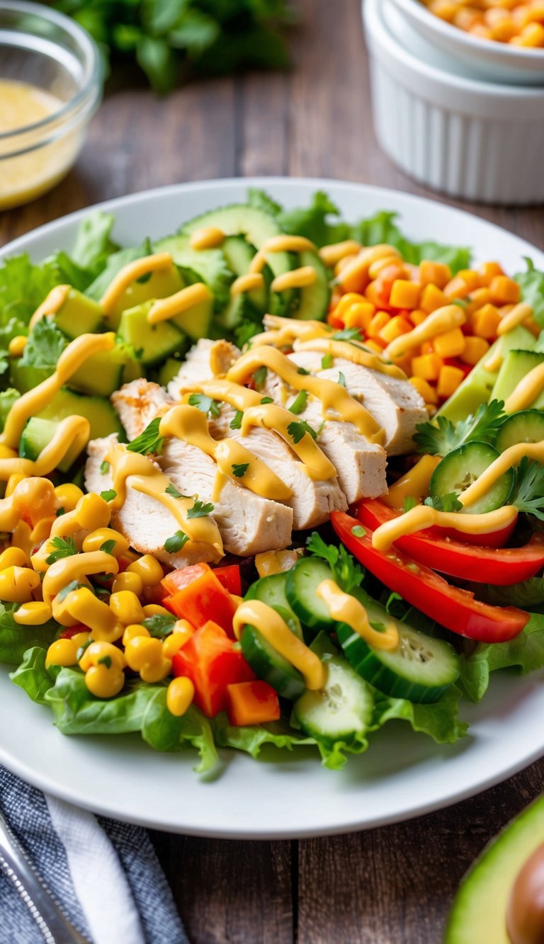 A colorful southwest chicken salad arranged on a white plate with vibrant vegetables and a drizzle of dressing
